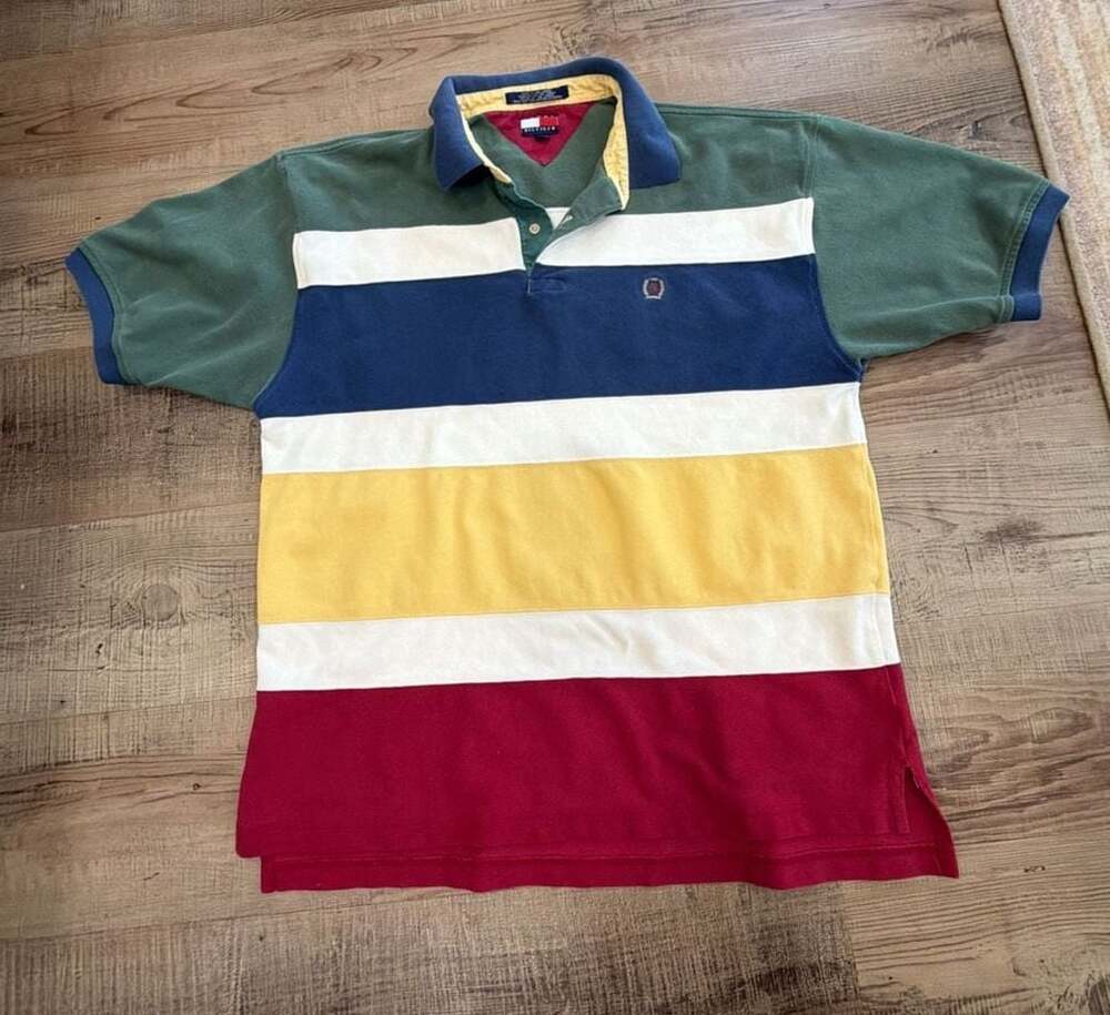 Vintage 90s Tommy Hilfiger Multi-Color Block Striped Polo Shirt LION CREST Y2K